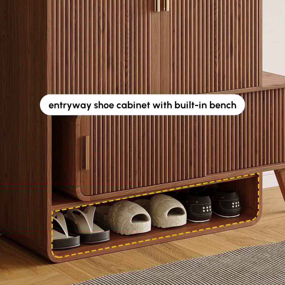 37" Ash Wood Veneer Shoe Storage Fluted Entryway Cabinet