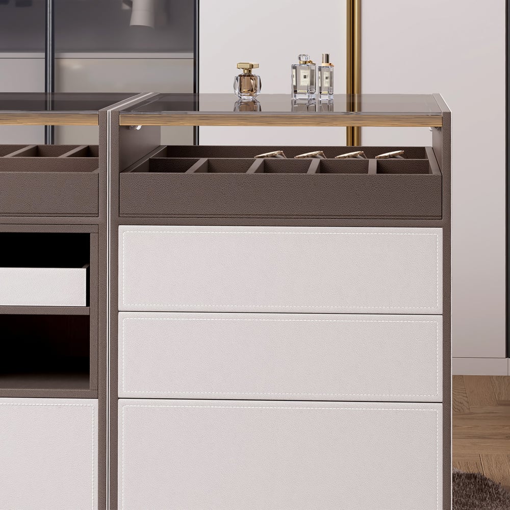 Saddle Leather 7-Dresser Walk-In Closet Island with Light & Jewelry Display
