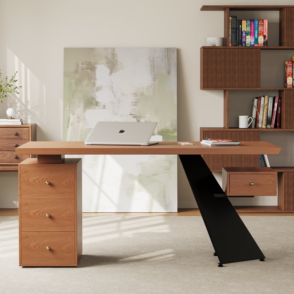 63" Light Walnut Office Desk with Drawer - Engineered Wood, Modern Design window image