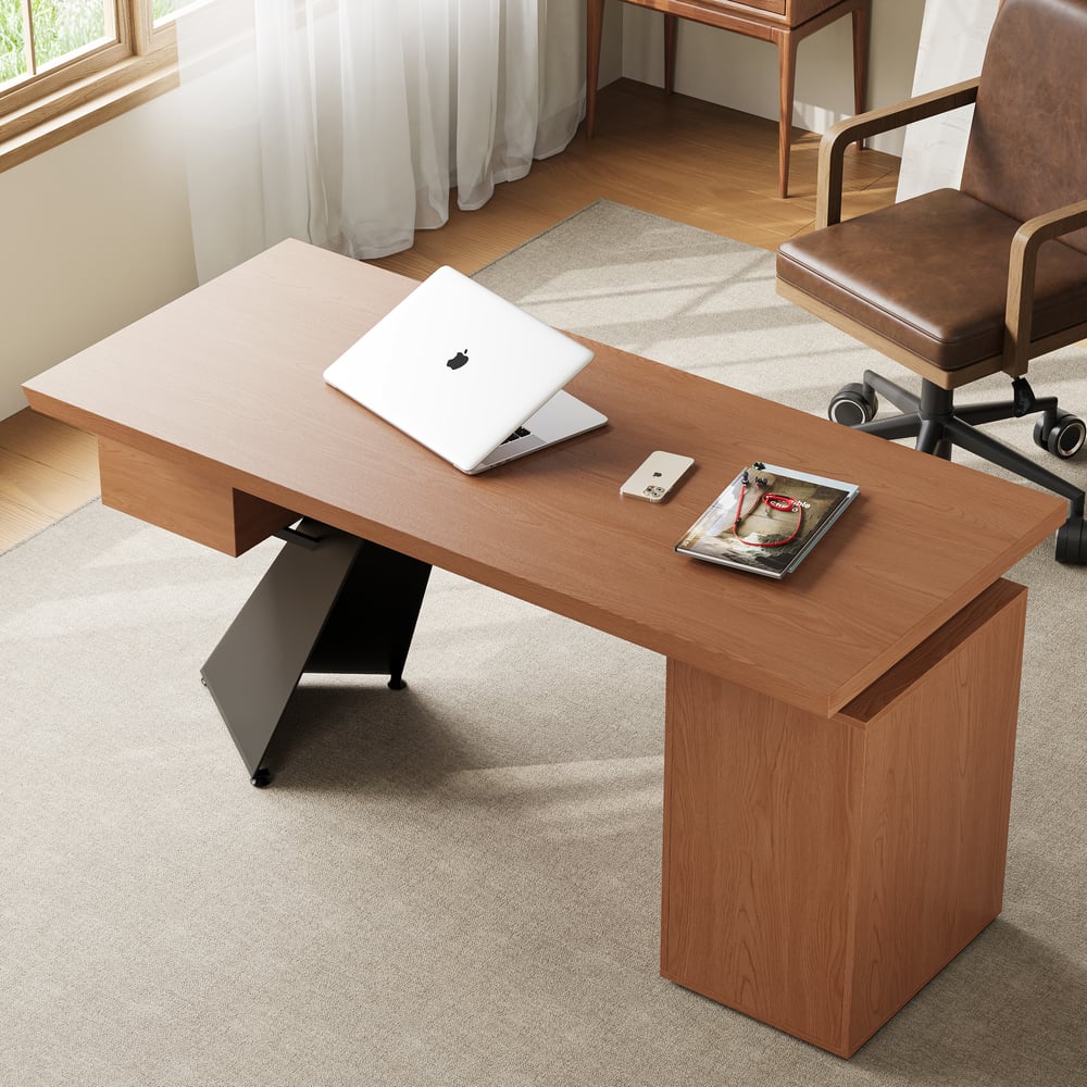63" Light Walnut Office Desk with Drawer - Engineered Wood, Modern Design window image