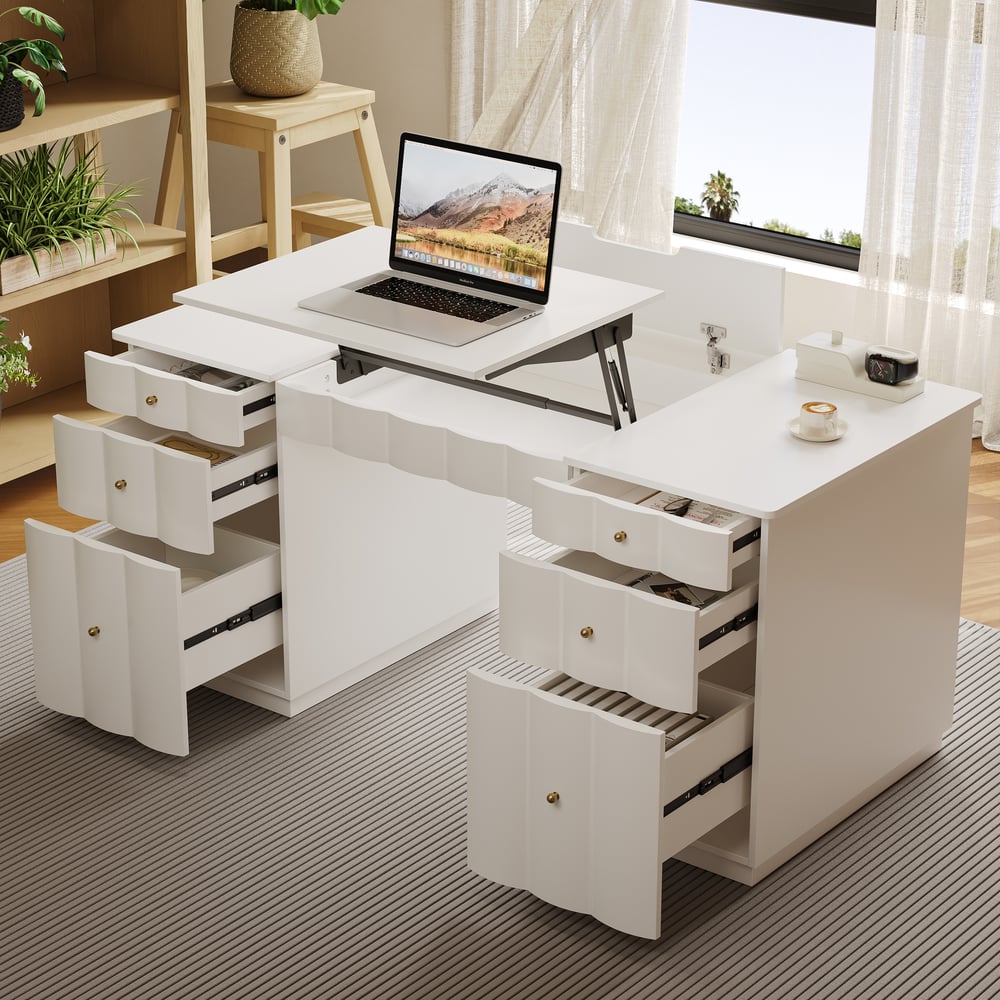 Adjustable Height Desk with 6 Drawers, Wireless Charging & Outlet for Home Office window image