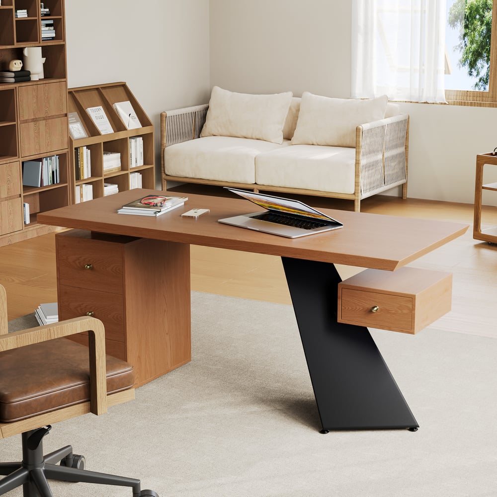 63" Light Walnut Office Desk with Drawer - Engineered Wood, Modern Design window image