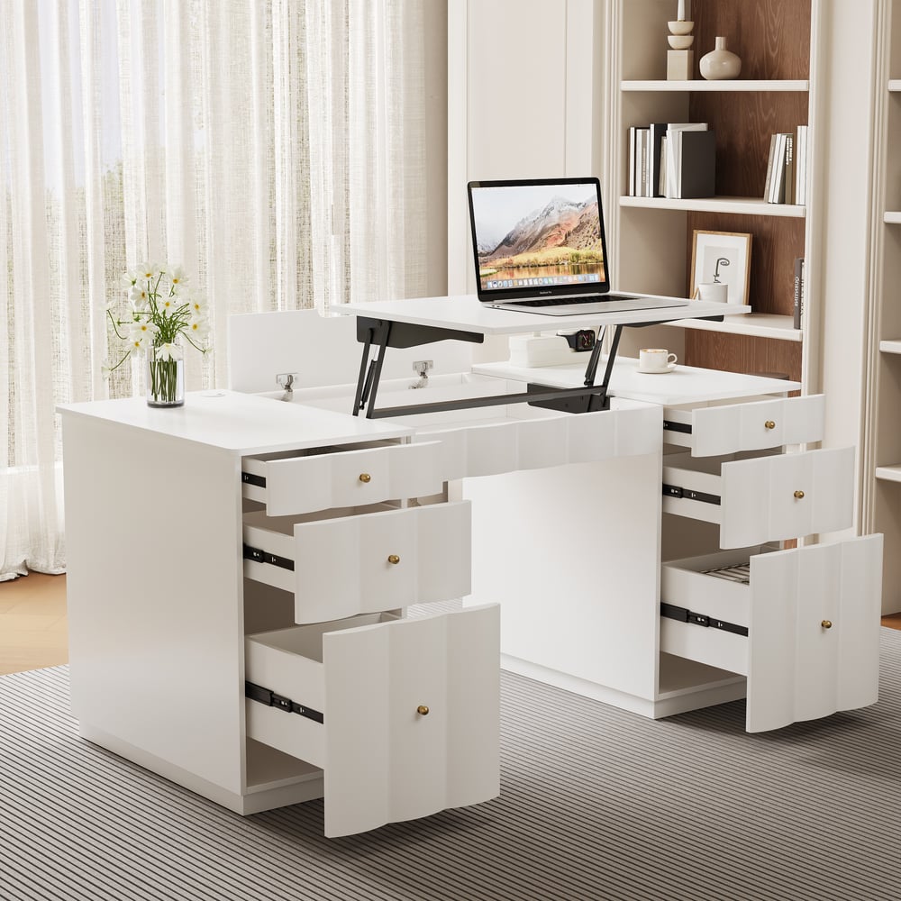 Adjustable Height Desk with 6 Drawers, Wireless Charging & Outlet for Home Office window image