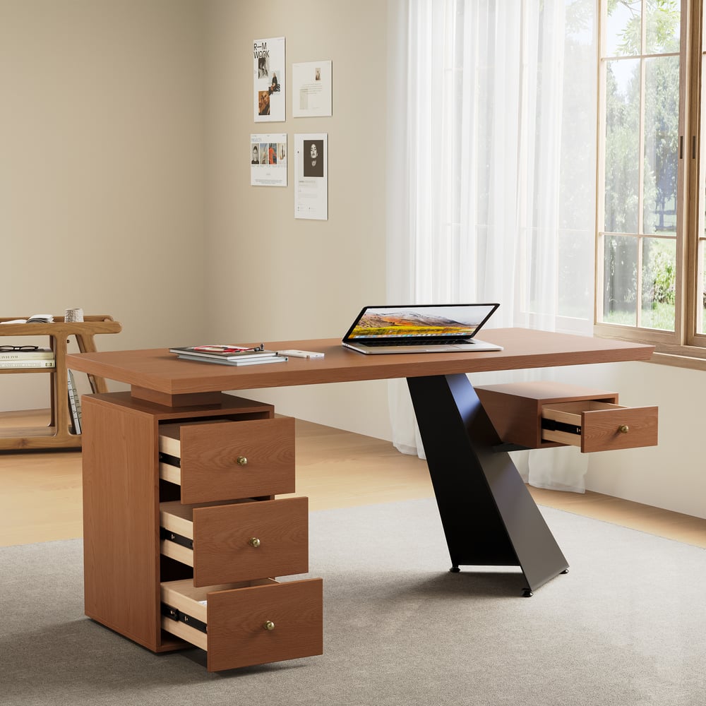 63" Light Walnut Office Desk with Drawer - Engineered Wood, Modern Design window image