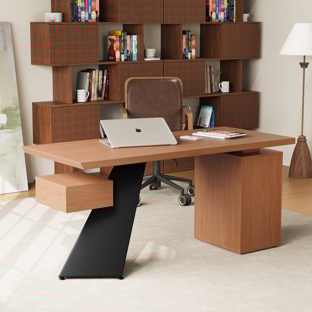 63" Light Walnut Office Desk with Drawer - Engineered Wood, Modern Design window image