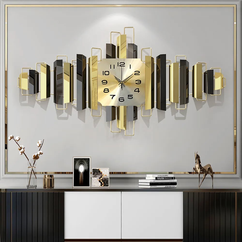 3D Modern Metal Wall Clock Geometric Home Wall Decor in Black & Gold For Living Room window image