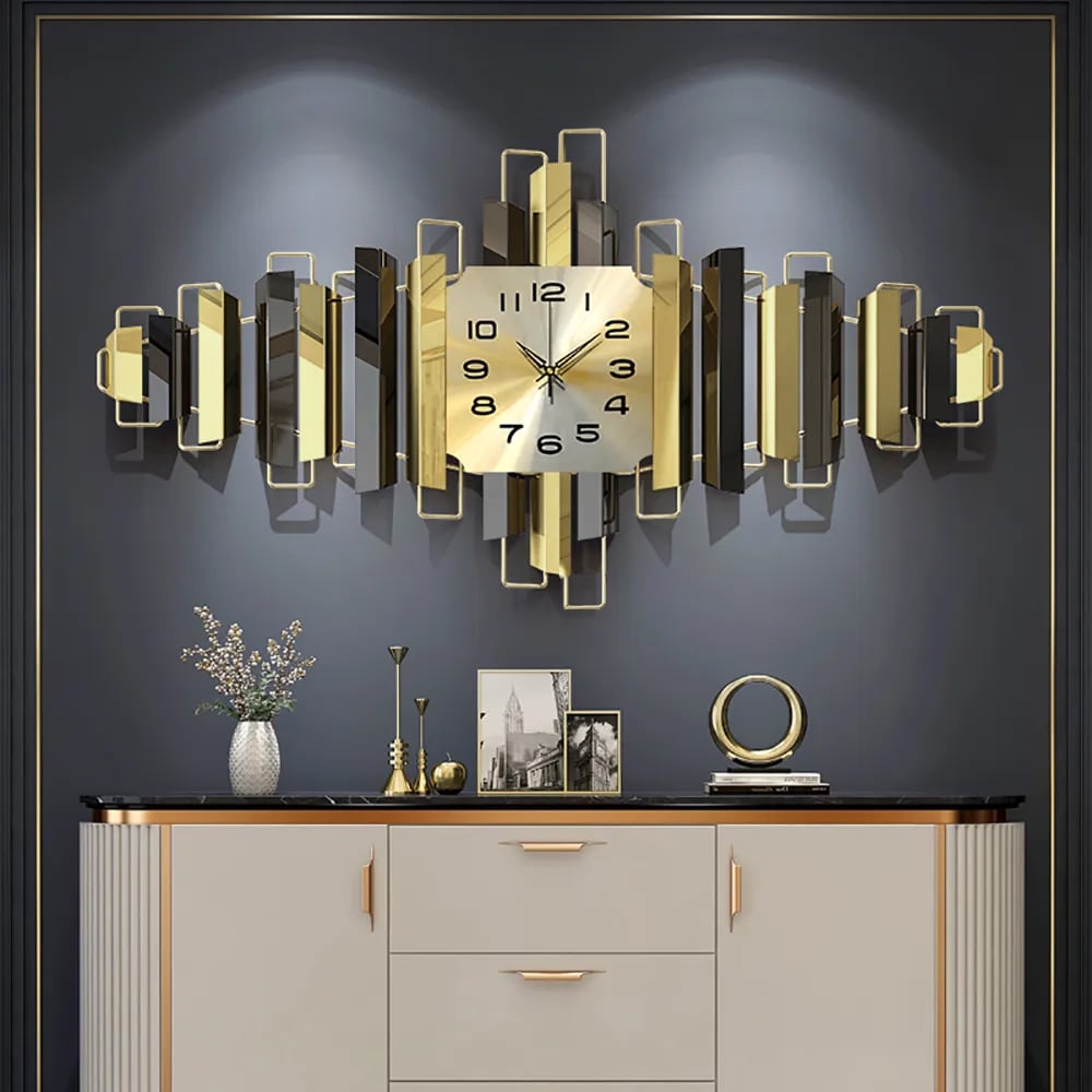 3D Modern Metal Wall Clock Geometric Home Wall Decor in Black & Gold For Living Room window image