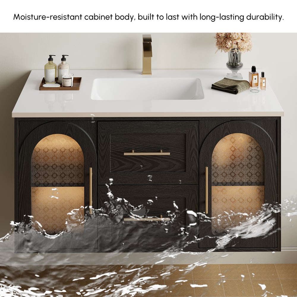 42" Arune Black Bathroom Vanity with Arched Glass Doors, Drawers and Light window image