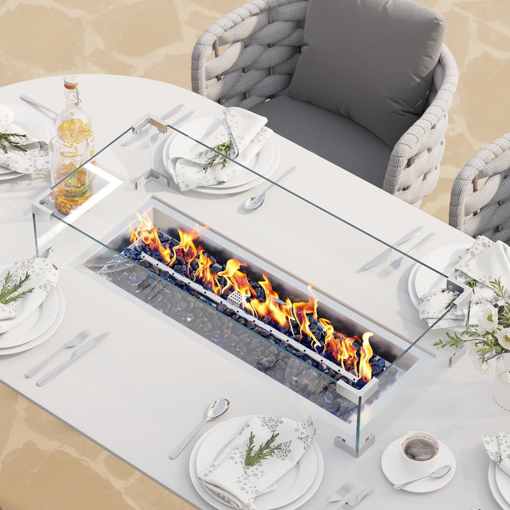 7 Pieces Outdoor Dining Set with Oval Propane Fire Pit Table & Rope Woven Armchair window image