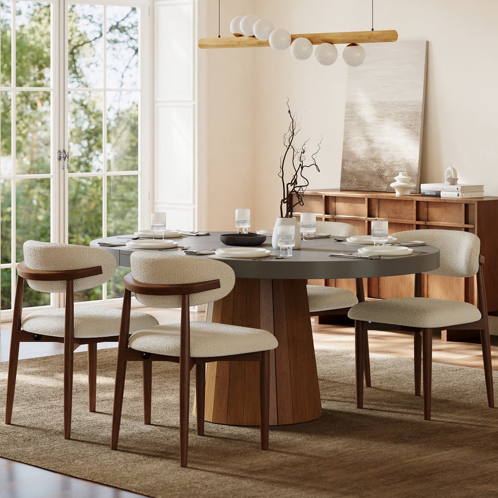 Modern Rubber Wood Walnut Dining Chair with Boucle Upholstery window image