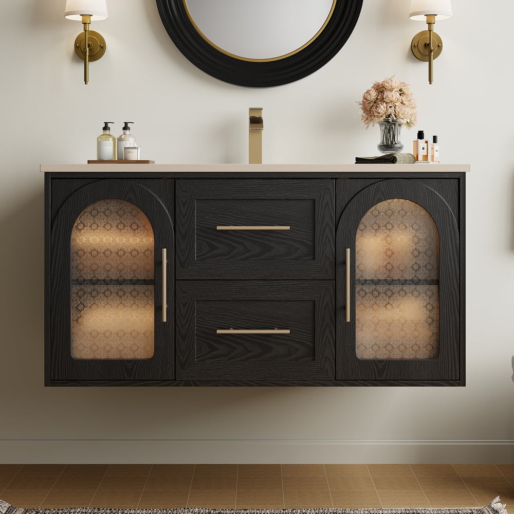 42" Arune Black Bathroom Vanity with Arched Glass Doors, Drawers and Light window image