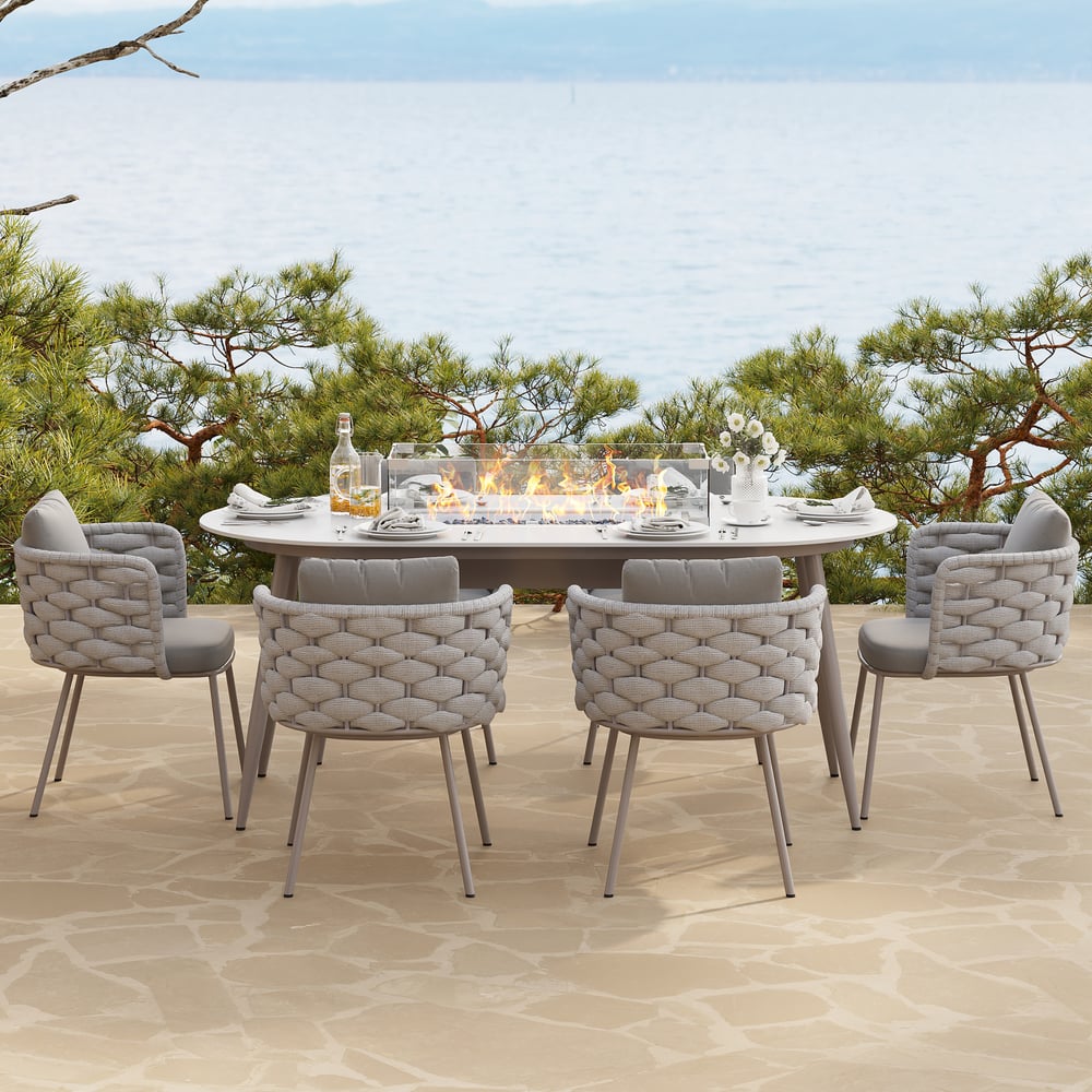 Customer Reviews for 7 Pieces Outdoor Dining Set with Oval Propane Fire Pit Table & Rope Woven Armchair