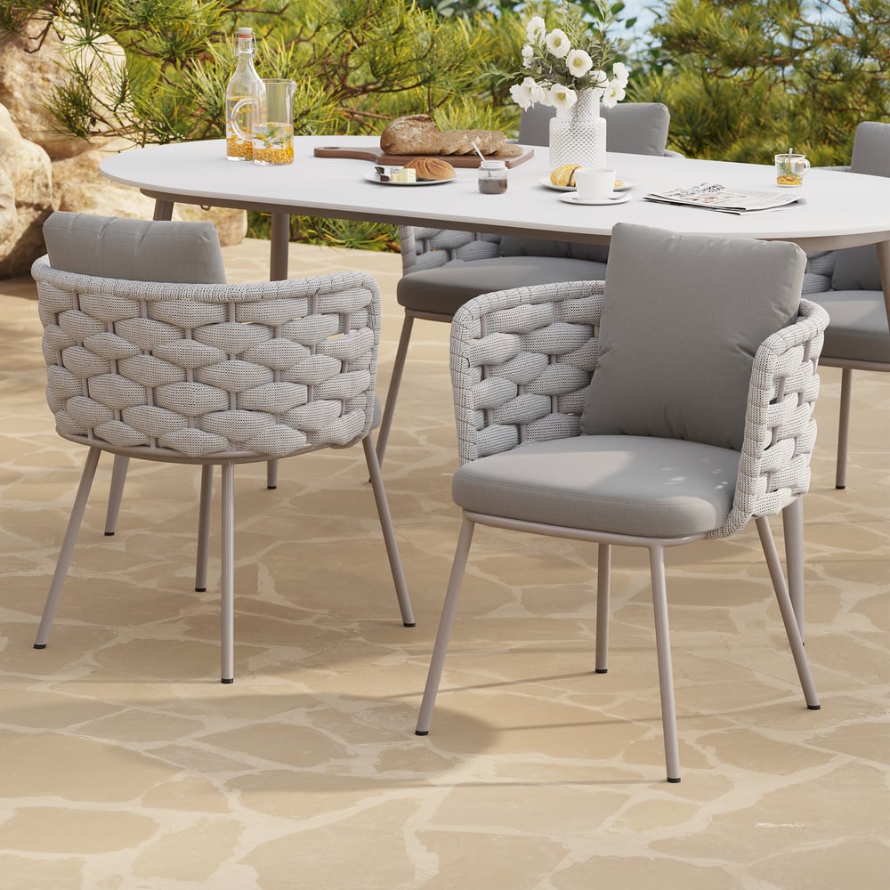 2 Pieces Mid Century Modern Aluminium & Ropes Outdoor Patio Dining Chair Armchair Grey window image