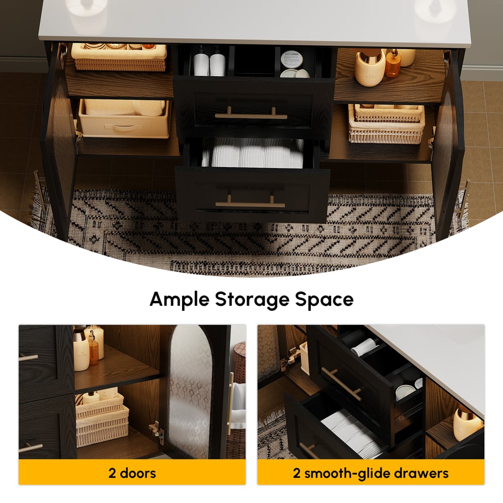 42" Arune Black Bathroom Vanity with Arched Glass Doors, Drawers and Light window image