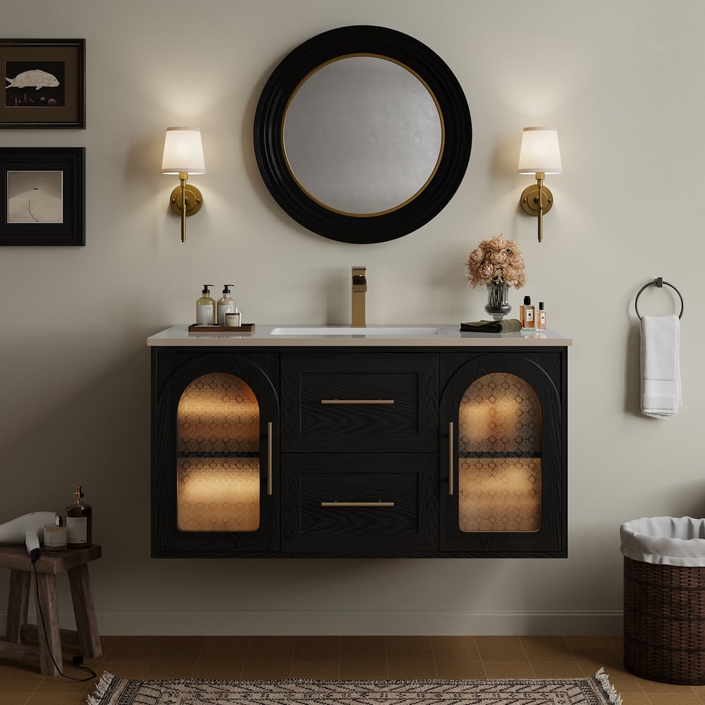 42" Arune Black Bathroom Vanity with Arched Glass Doors, Drawers and Light window image