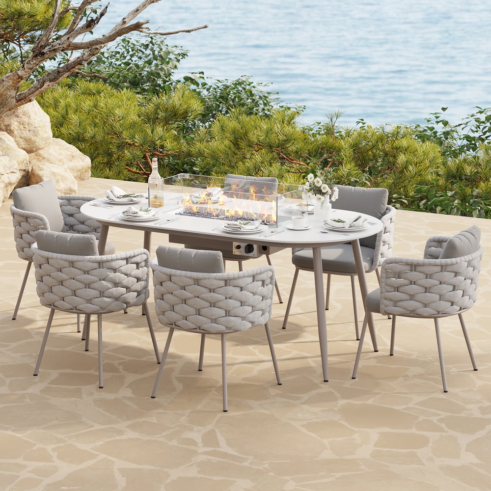 Customer Reviews for 7 Pieces Outdoor Dining Set with Oval Propane Fire Pit Table & Rope Woven Armchair