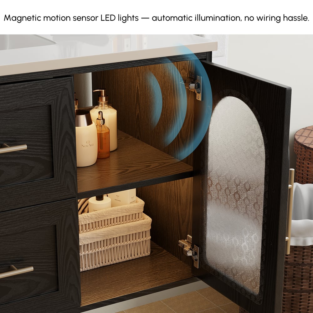 42" Arune Black Bathroom Vanity with Arched Glass Doors, Drawers and Light window image