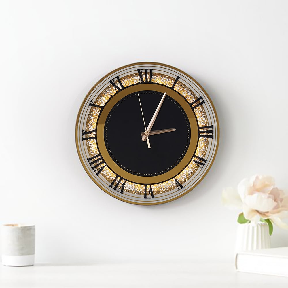 13.8" Golden LED Wall Clock Diamond Roman Numerals, Plug-in LED, Battery-Operated Clock window image