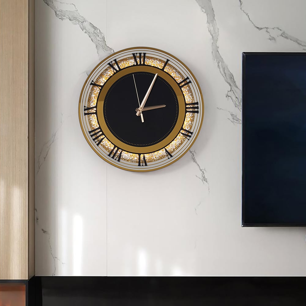 13.8" Golden LED Wall Clock Diamond Roman Numerals, Plug-in LED, Battery-Operated Clock window image