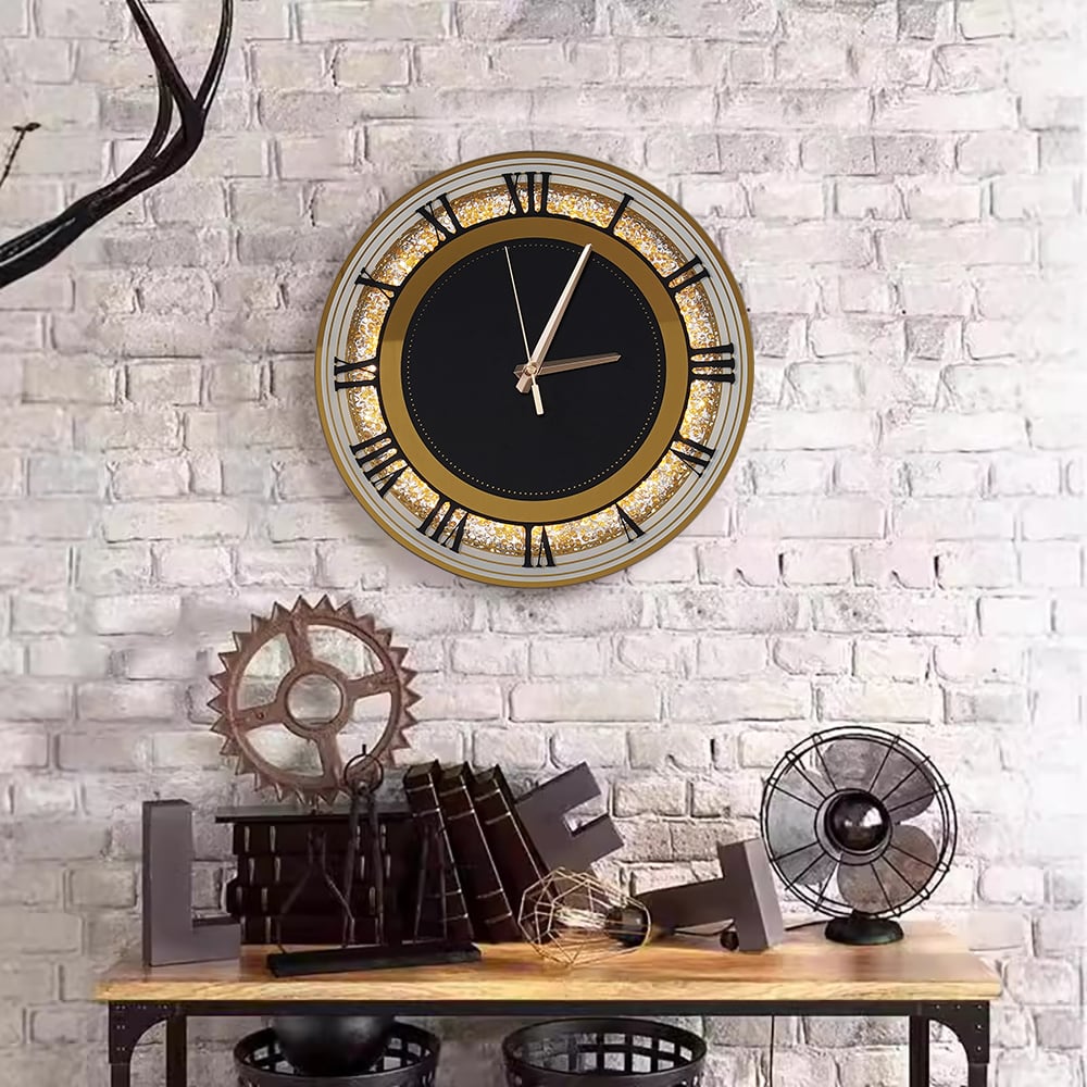 13.8" Golden LED Wall Clock Diamond Roman Numerals, Plug-in LED, Battery-Operated Clock window image
