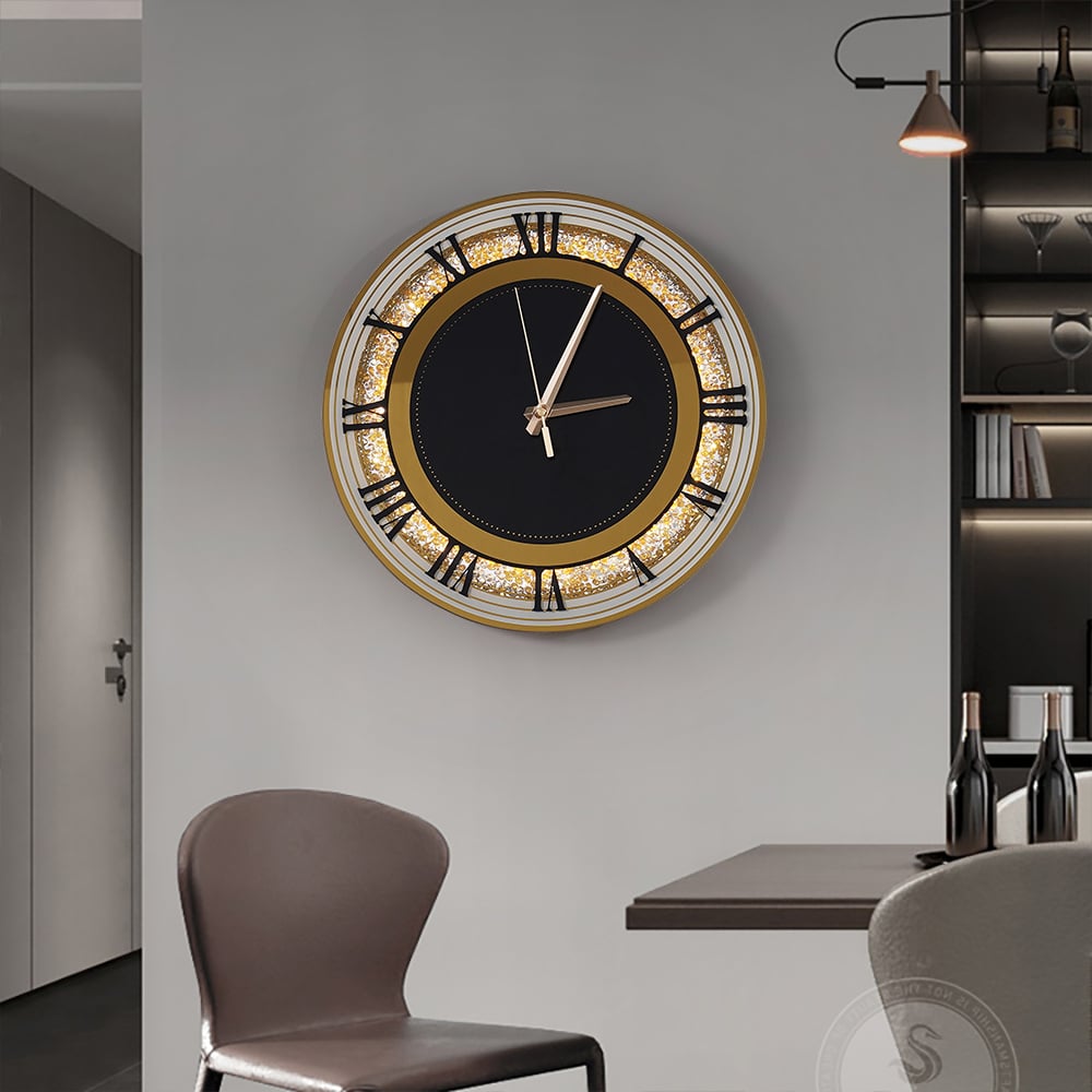 13.8" Golden LED Wall Clock Diamond Roman Numerals, Plug-in LED, Battery-Operated Clock window image