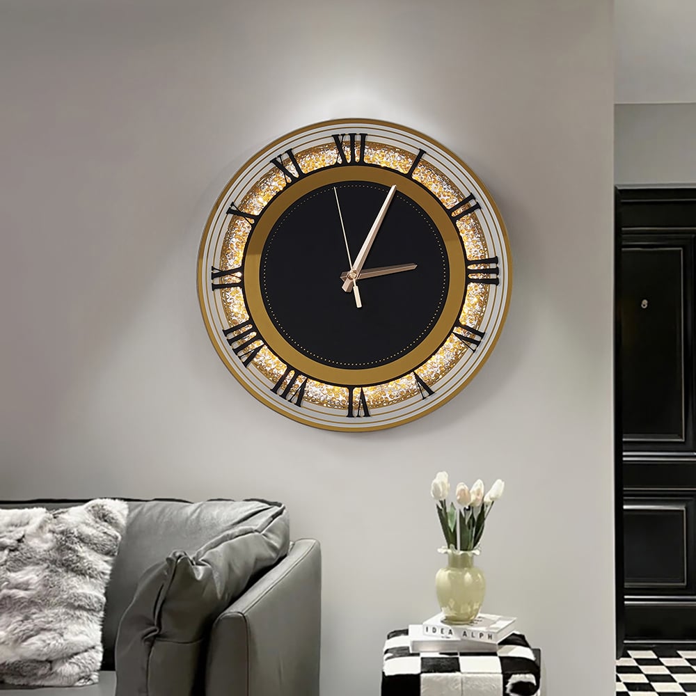 13.8" Golden LED Wall Clock Diamond Roman Numerals, Plug-in LED, Battery-Operated Clock window image