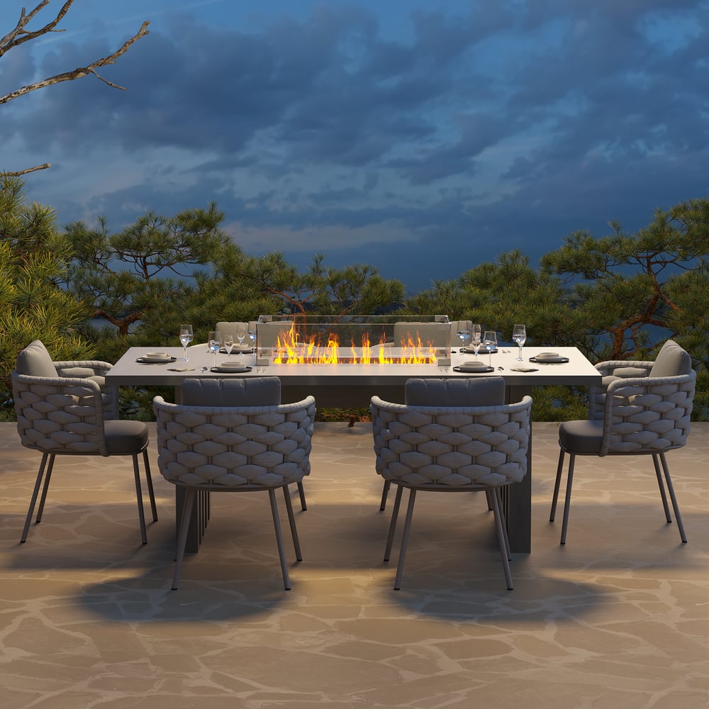 7 Pieces Gray Aluminum Outdoor Fire Patio Dining Set with Woven Armchair window image