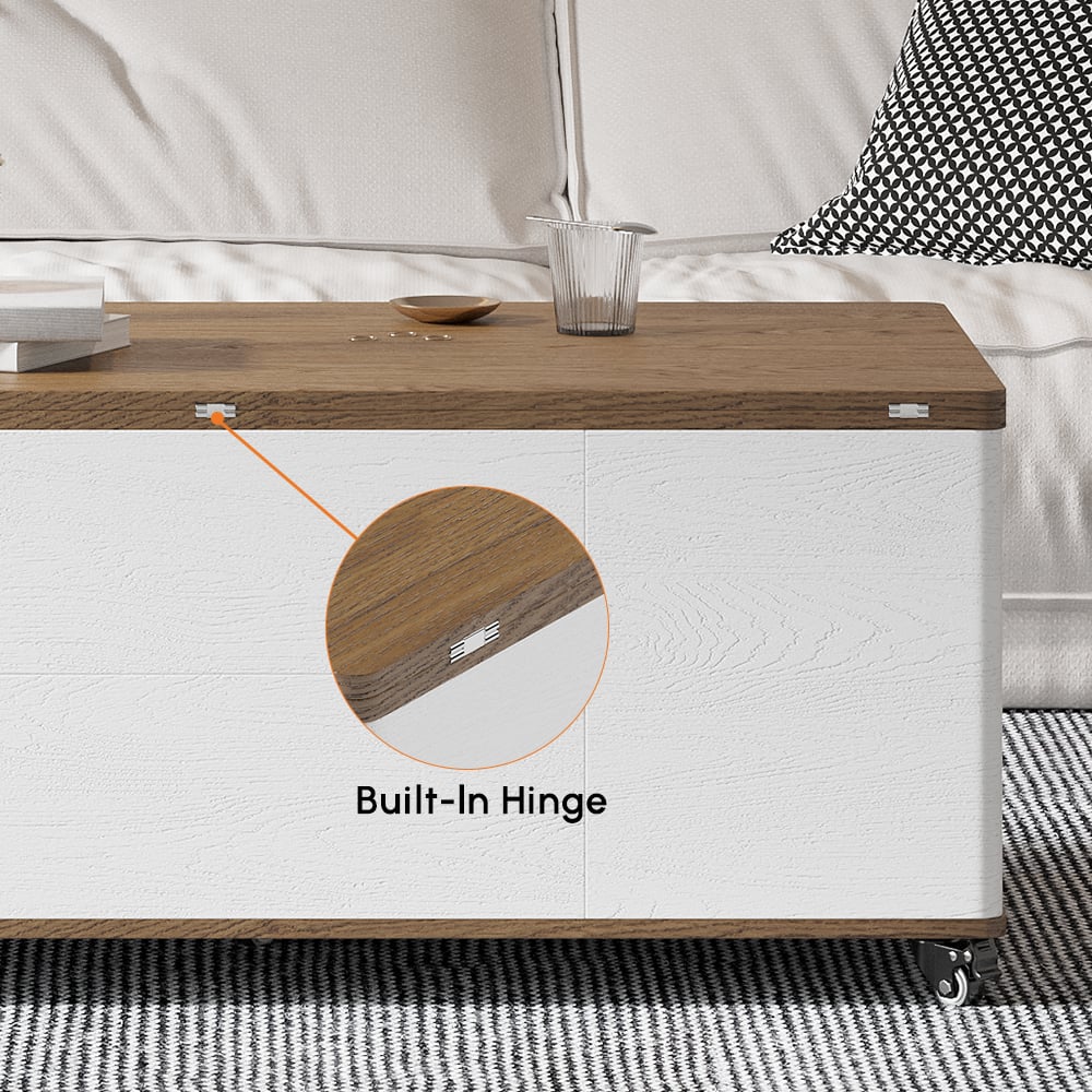 Modern multifunctional lifting coffee table with 3 drawers, in white and walnut window image