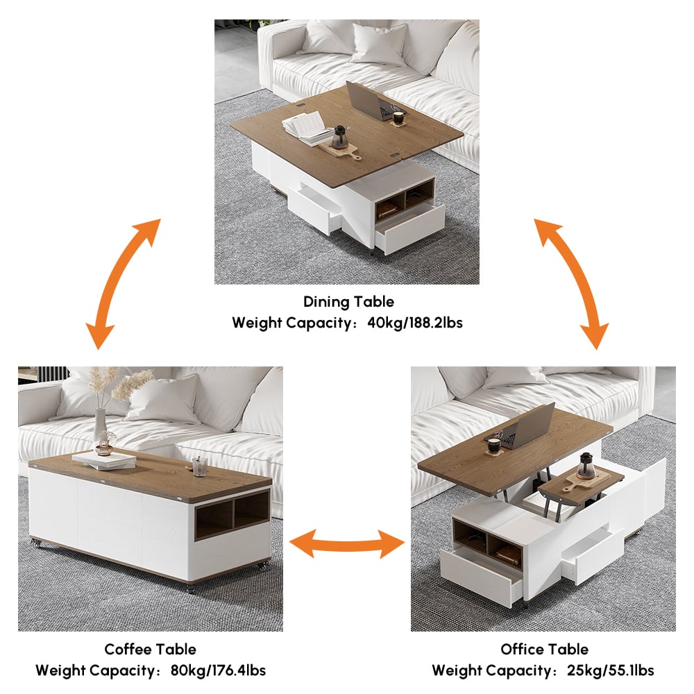 Modern multifunctional lifting coffee table with 3 drawers, in white and walnut window image