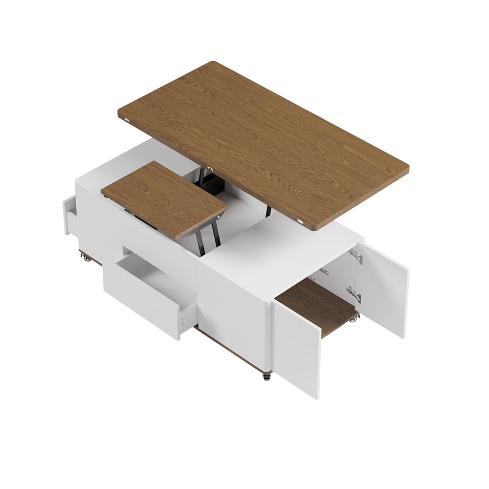 Modern multifunctional lifting coffee table with 3 drawers, in white and walnut window image