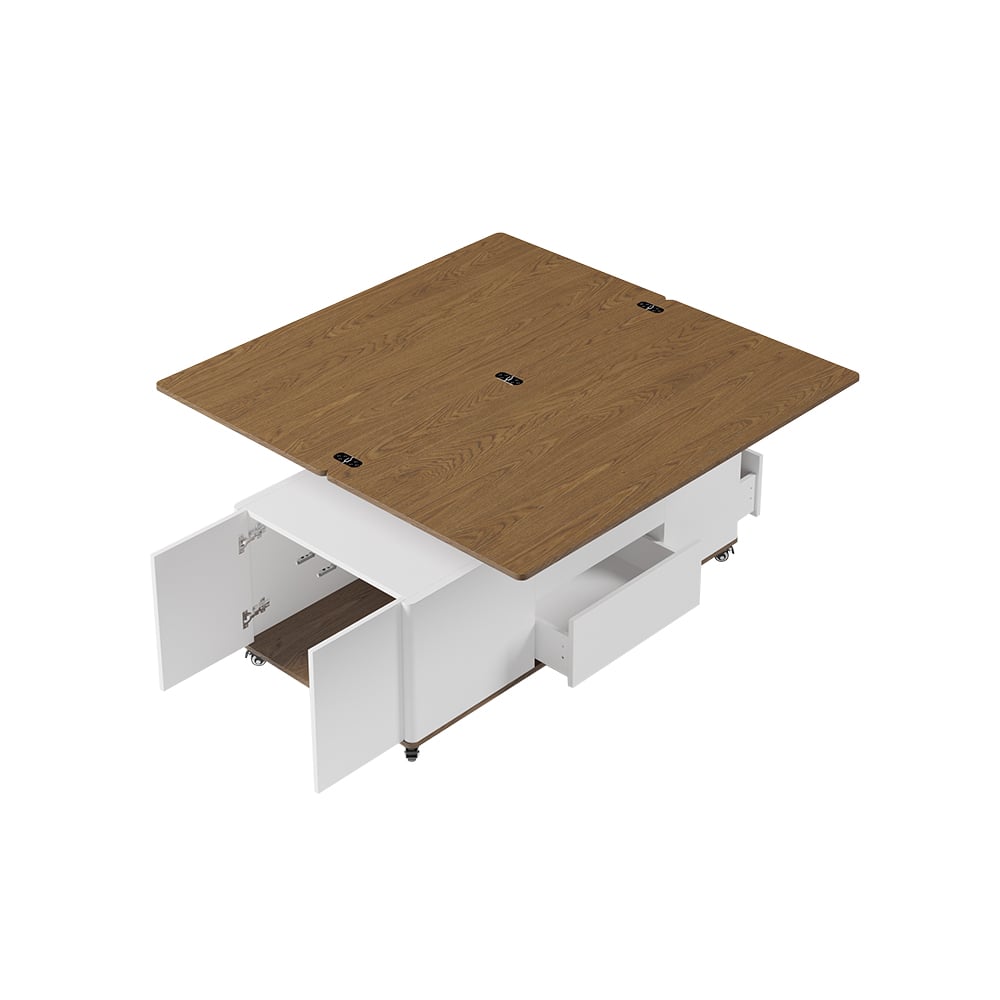 Modern multifunctional lifting coffee table with 3 drawers, in white and walnut window image