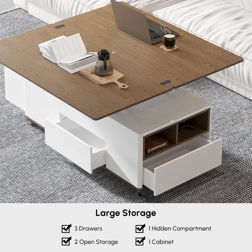 Modern multifunctional lifting coffee table with 3 drawers, in white and walnut window image