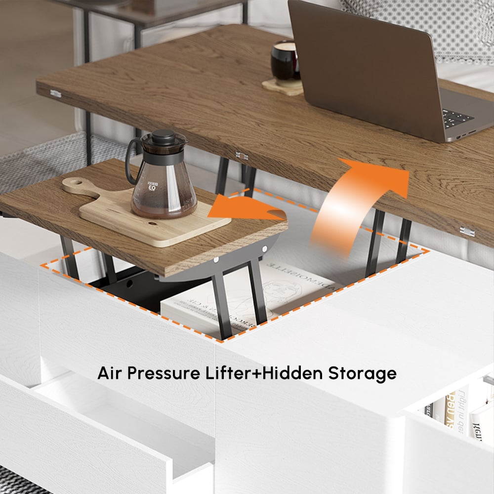 Modern multifunctional lifting coffee table with 3 drawers, in white and walnut window image