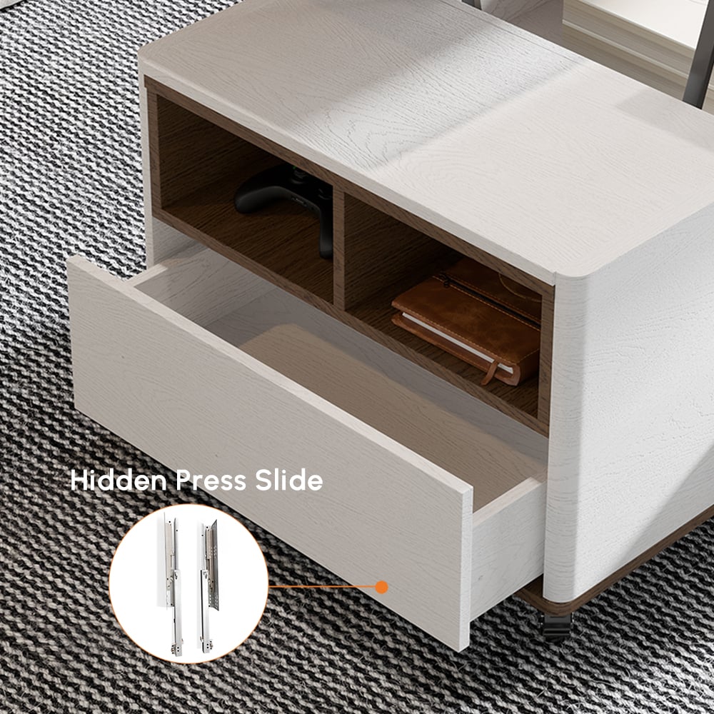 Modern multifunctional lifting coffee table with 3 drawers, in white and walnut window image