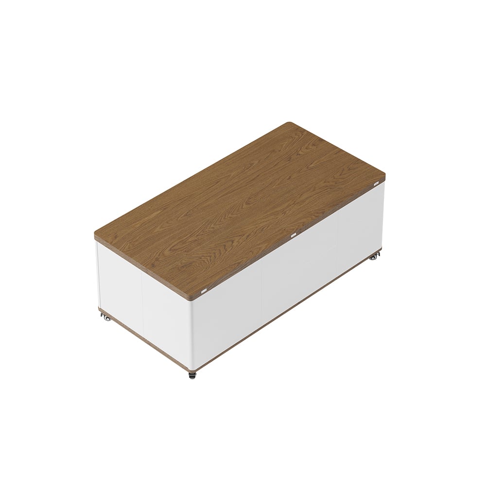 Modern multifunctional lifting coffee table with 3 drawers, in white and walnut window image