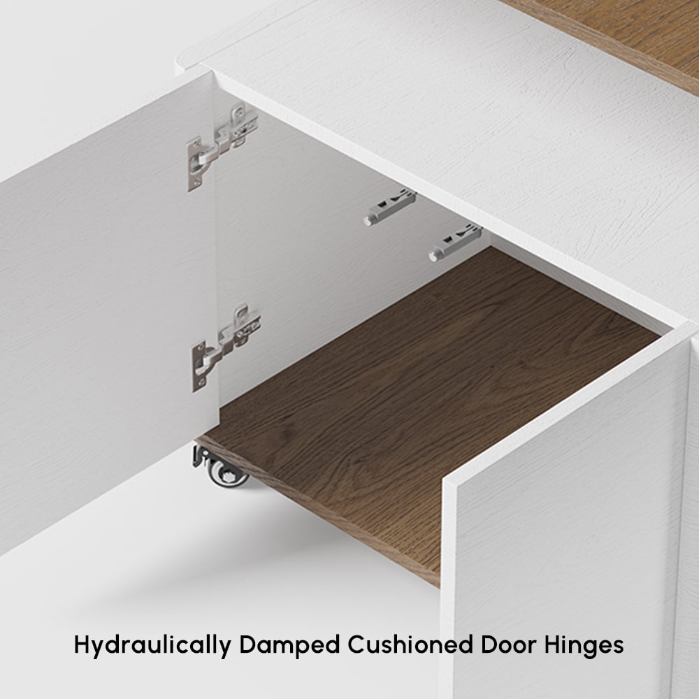 Modern multifunctional lifting coffee table with 3 drawers, in white and walnut window image