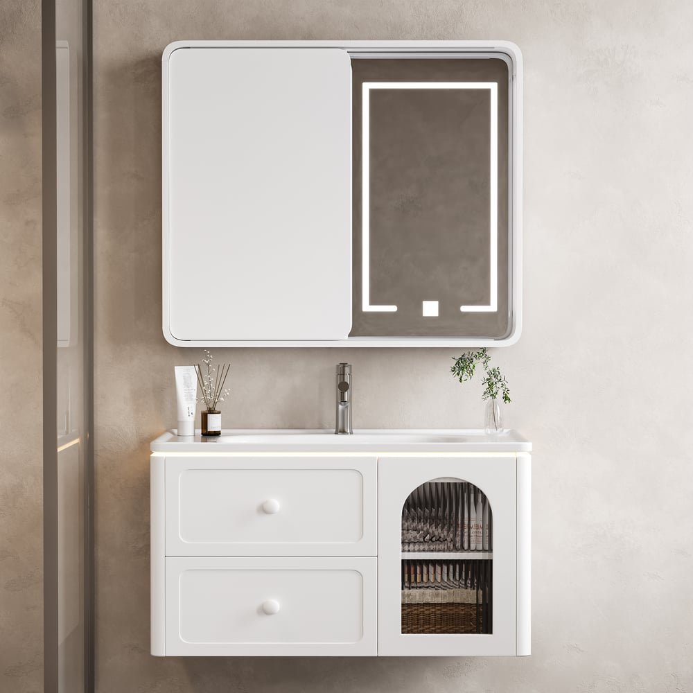 800mm Modern Floating LED Bathroom Vanity with Ribbed Glass Door & Drawers window image