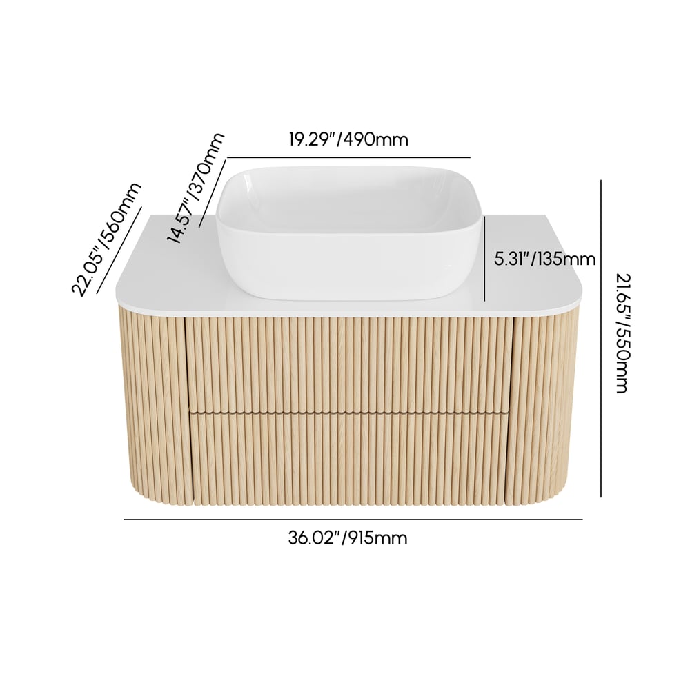 36" Floating Bathroom Vanity with Vessel Sink, Modern Style, Fluted Design weights dimensions image