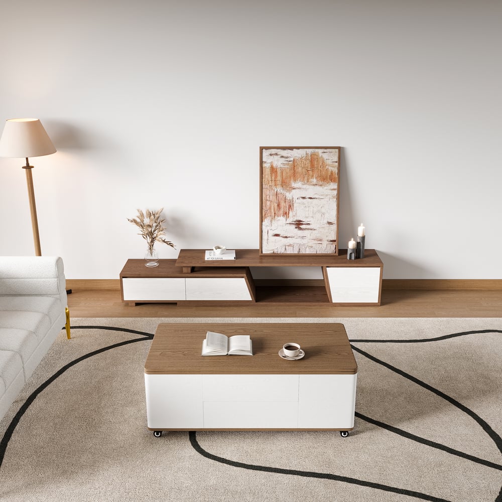 Modern multifunctional lifting coffee table with 3 drawers, in white and walnut window image