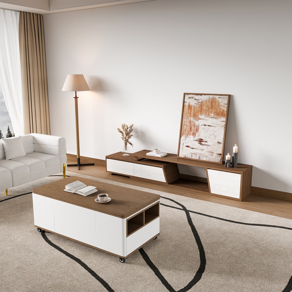 Modern multifunctional lifting coffee table with 3 drawers, in white and walnut window image