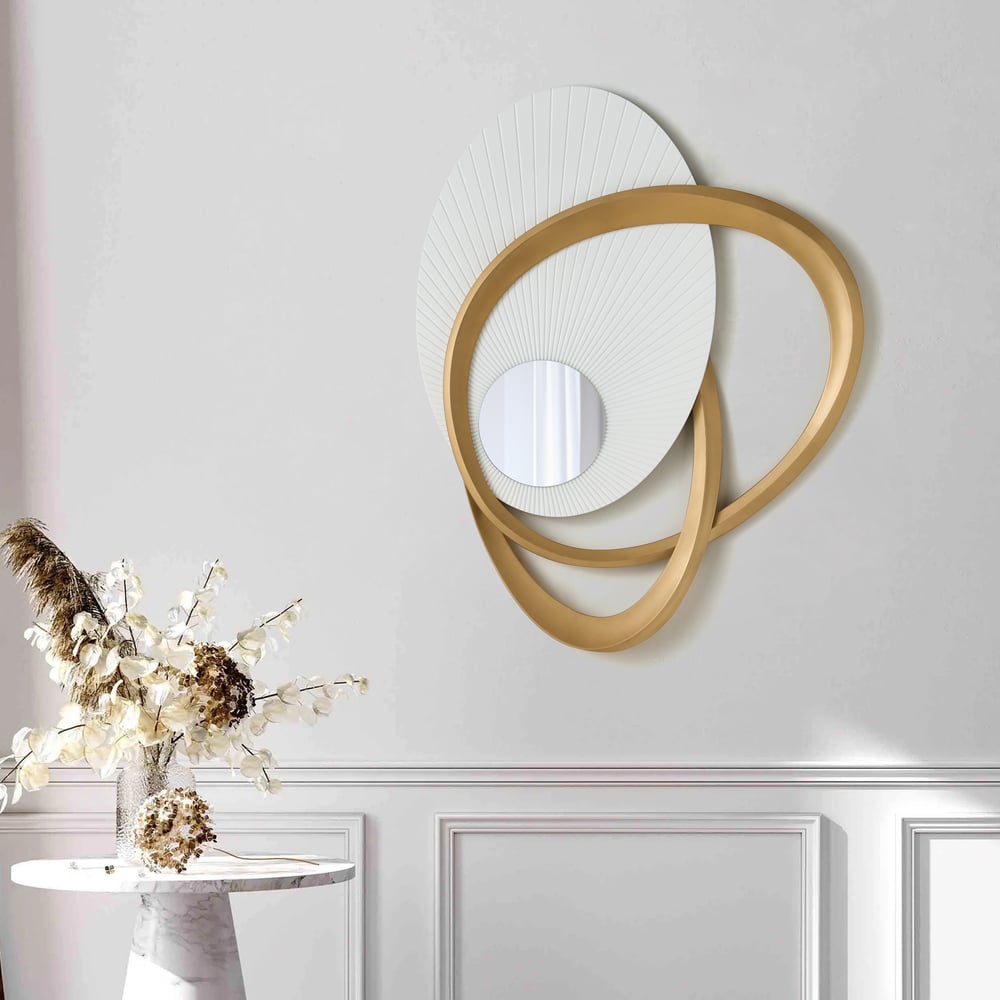 35.4" Art Deco Wall Hanging with Mirror – White & Gold, Radiant Design window image