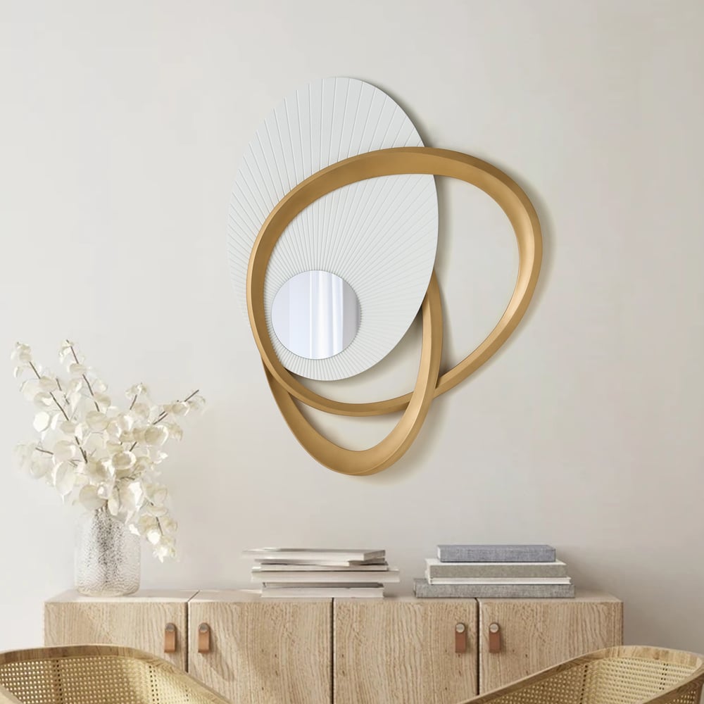 35.4" Art Deco Wall Hanging with Mirror – White & Gold, Radiant Design window image