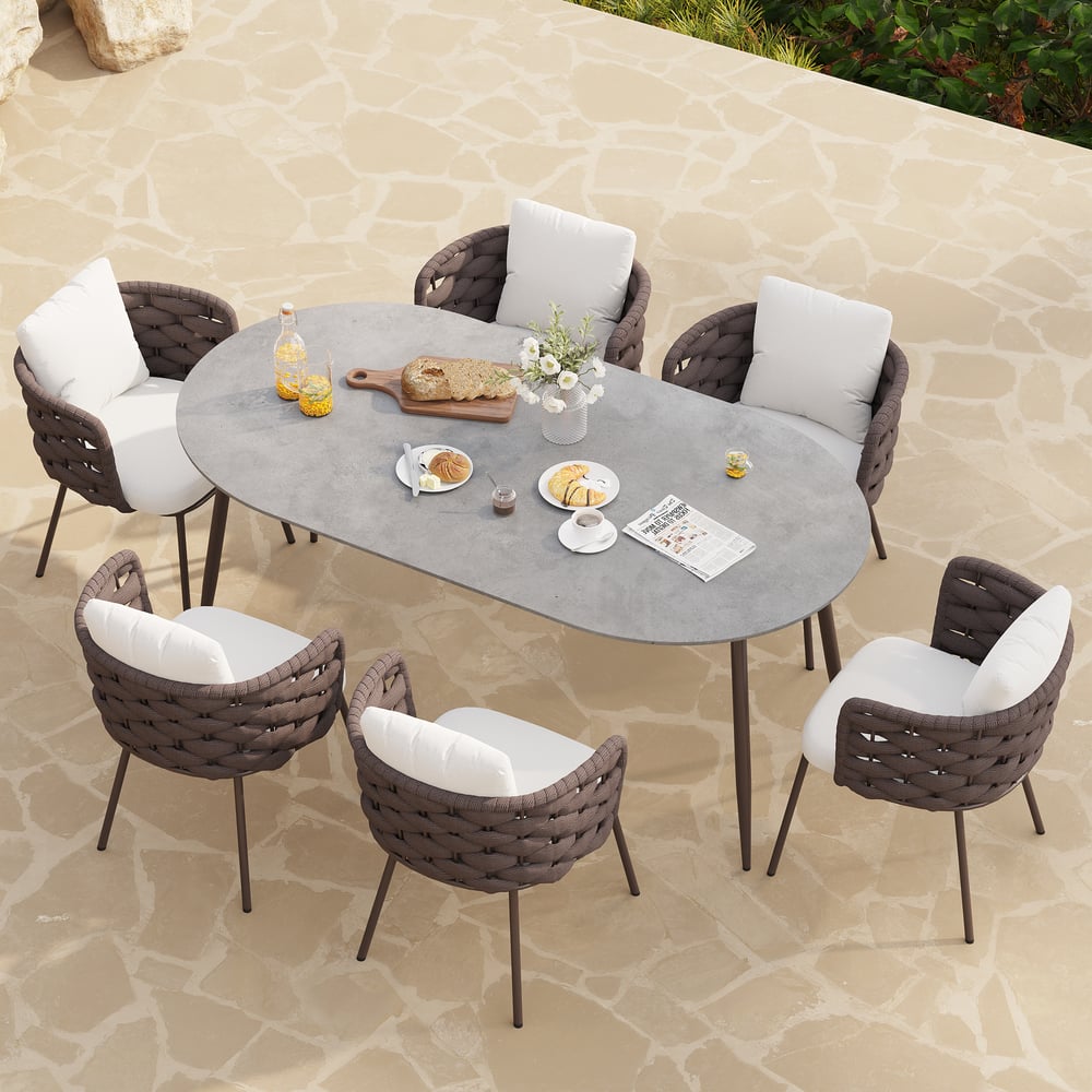 Customer Reviews for 7 Pieces 70.9'' Outdoor Sintered Stone Top Dining Table Set with Rope Woven Armchairs