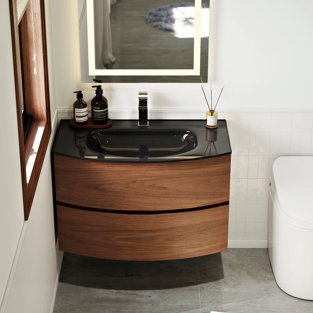 Modern 800mm Floating Bathroom Vanity with One-piece Glass Basin 2 Drawers in Walnut window image