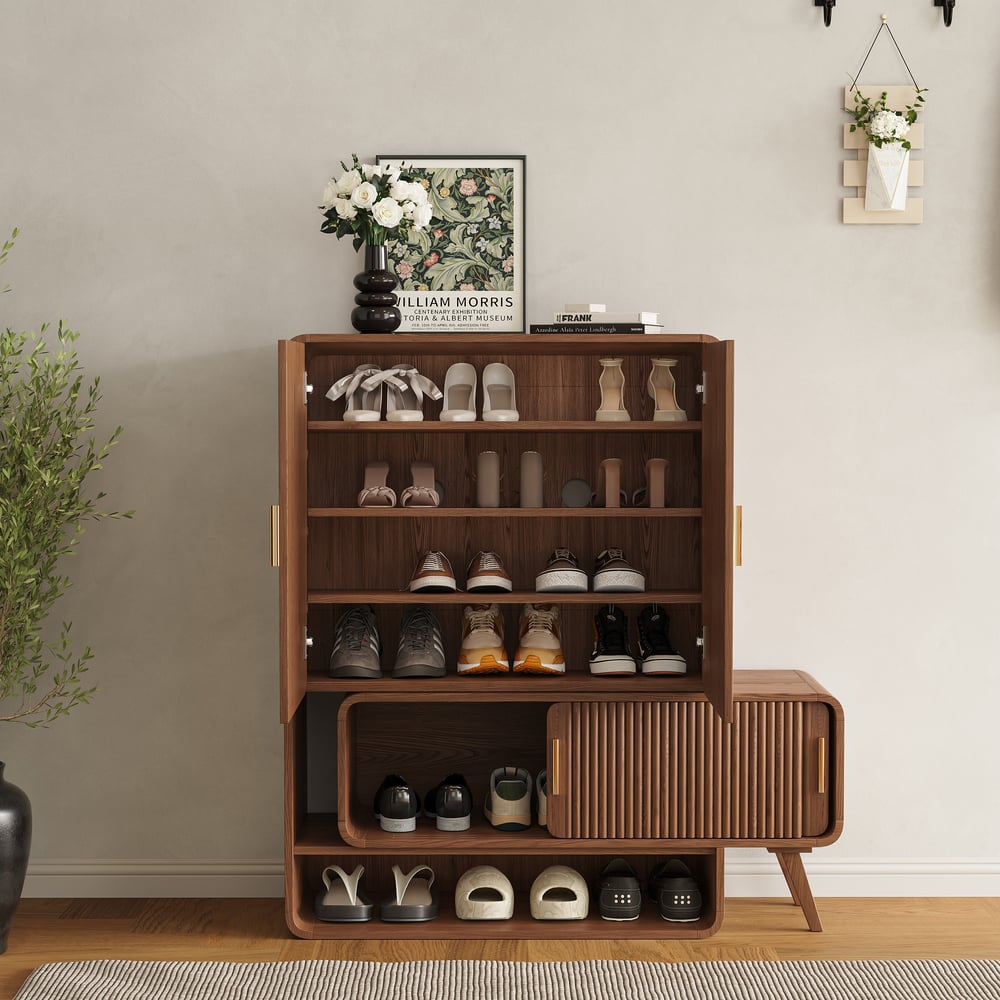 Ash Wood Veneer Shoe Storage Fluted Entryway Cabinet window image