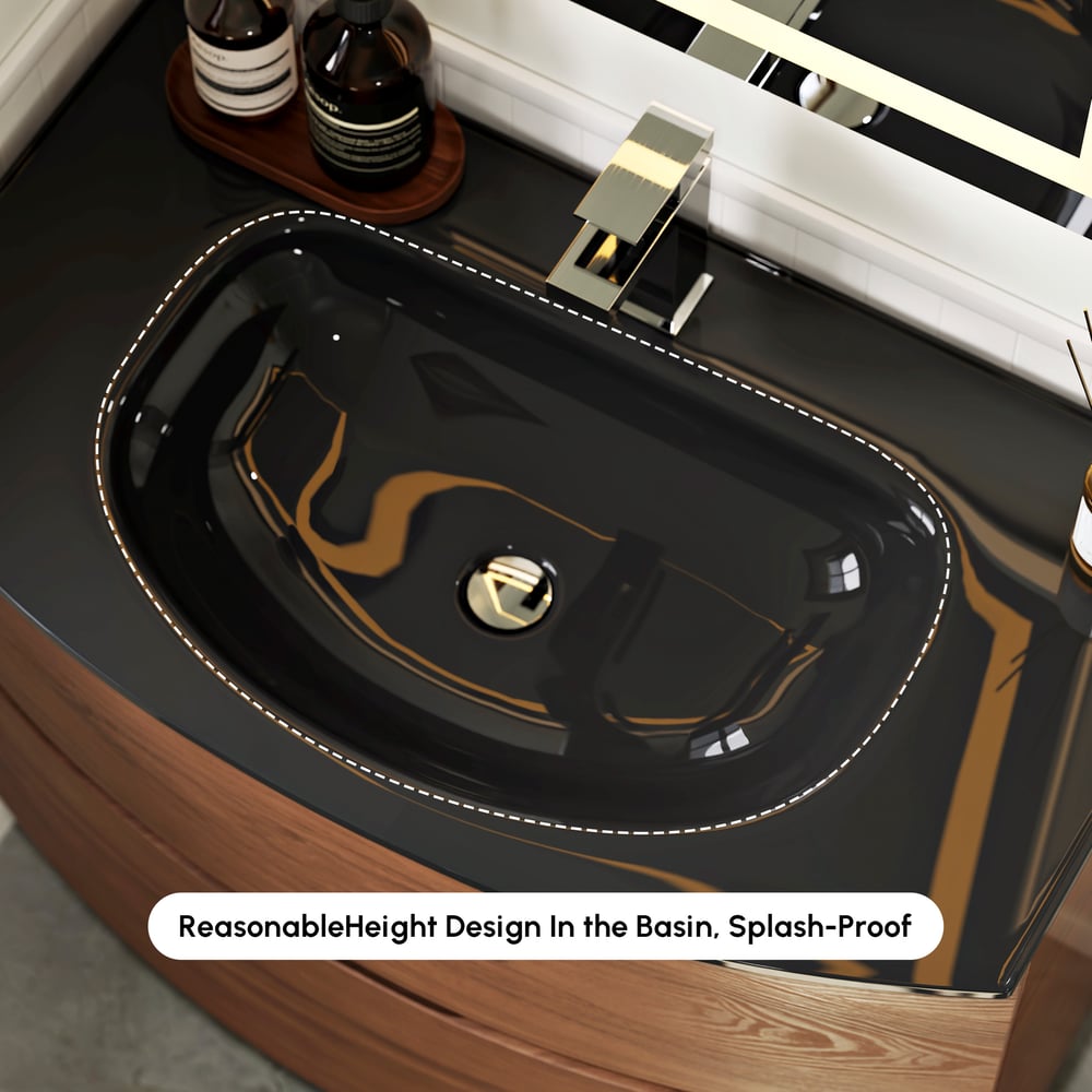 Modern 800mm Floating Bathroom Vanity with One-piece Glass Basin 2 Drawers in Walnut window image