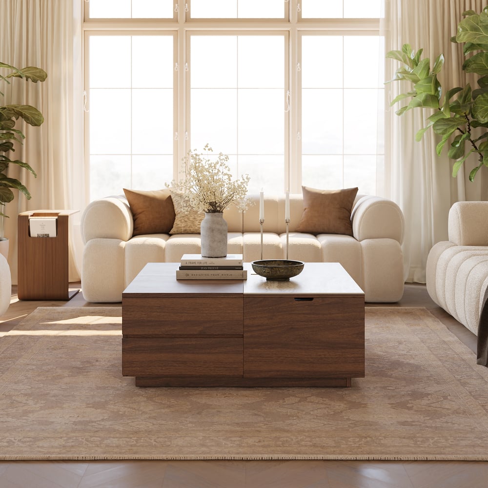 39" Square Lift-Top Walnut Travertine Veneer Coffee Table window image