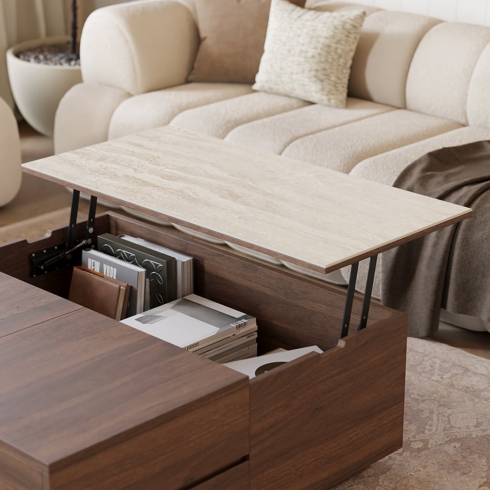 39" Square Lift-Top Walnut Travertine Veneer Coffee Table window image