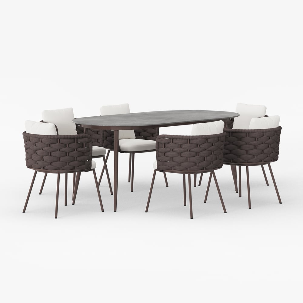 7 Pieces 70.9'' Outdoor Sintered Stone Top Dining Table Set with Rope Woven Armchairs window image