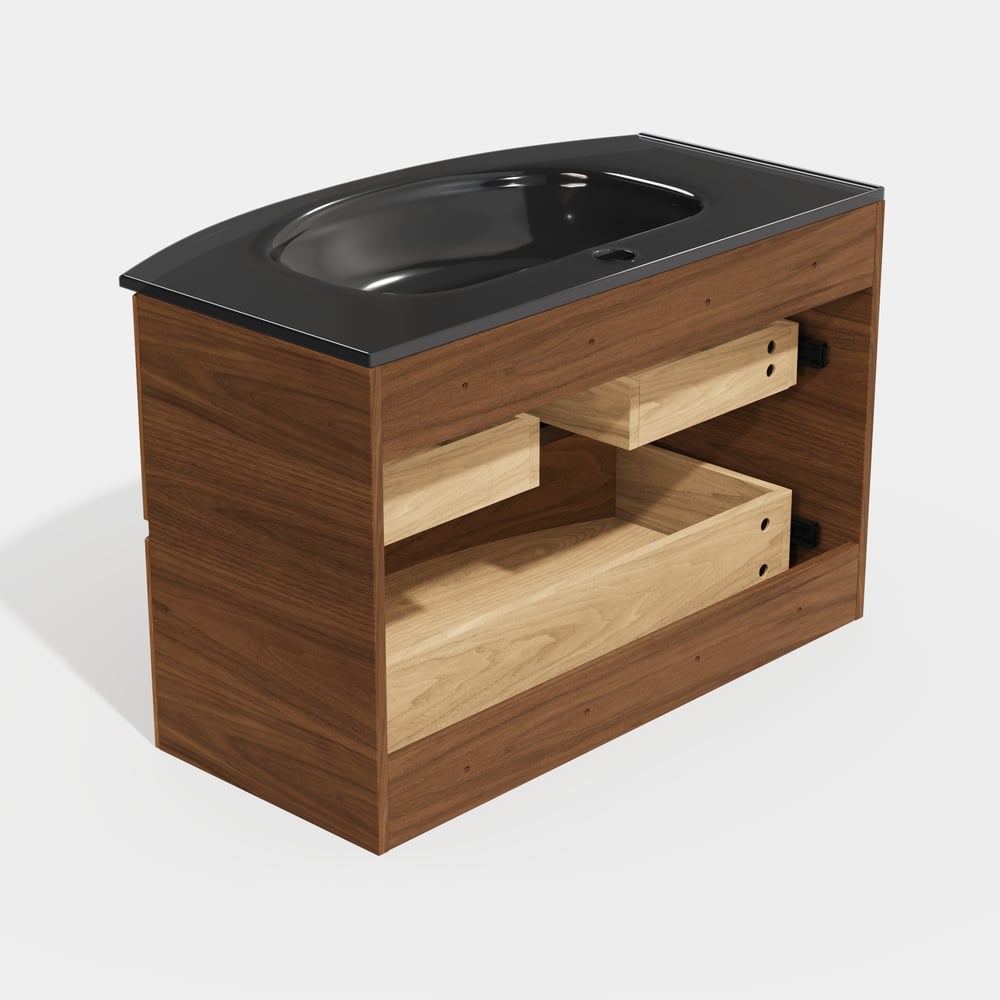 Modern 800mm Floating Bathroom Vanity with One-piece Glass Basin 2 Drawers in Walnut window image